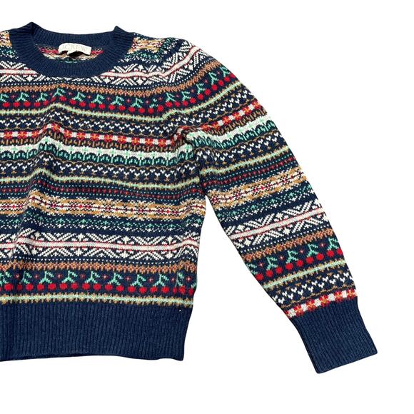 J. Crew Puff Sleeve Navy Heather Emerald Fair Isle Crewneck Sweater XXS Wool - Picture 5 of 7